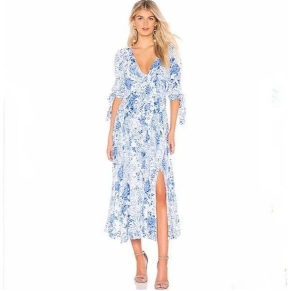 FREE PEOPLE Forever Always midi dress blue white floral short sleeve size 8